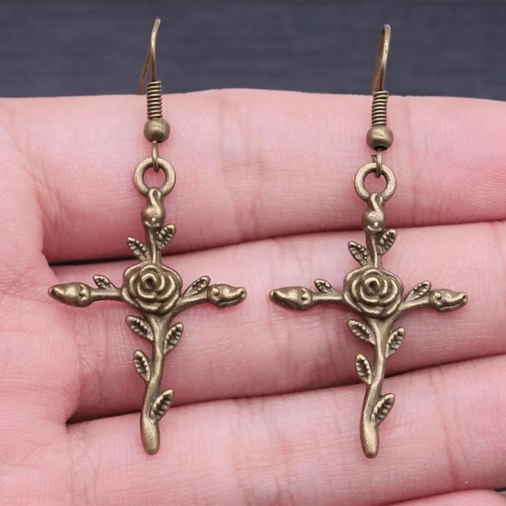 Rose Entwined Accent Gold-tone Cross Earrings - New